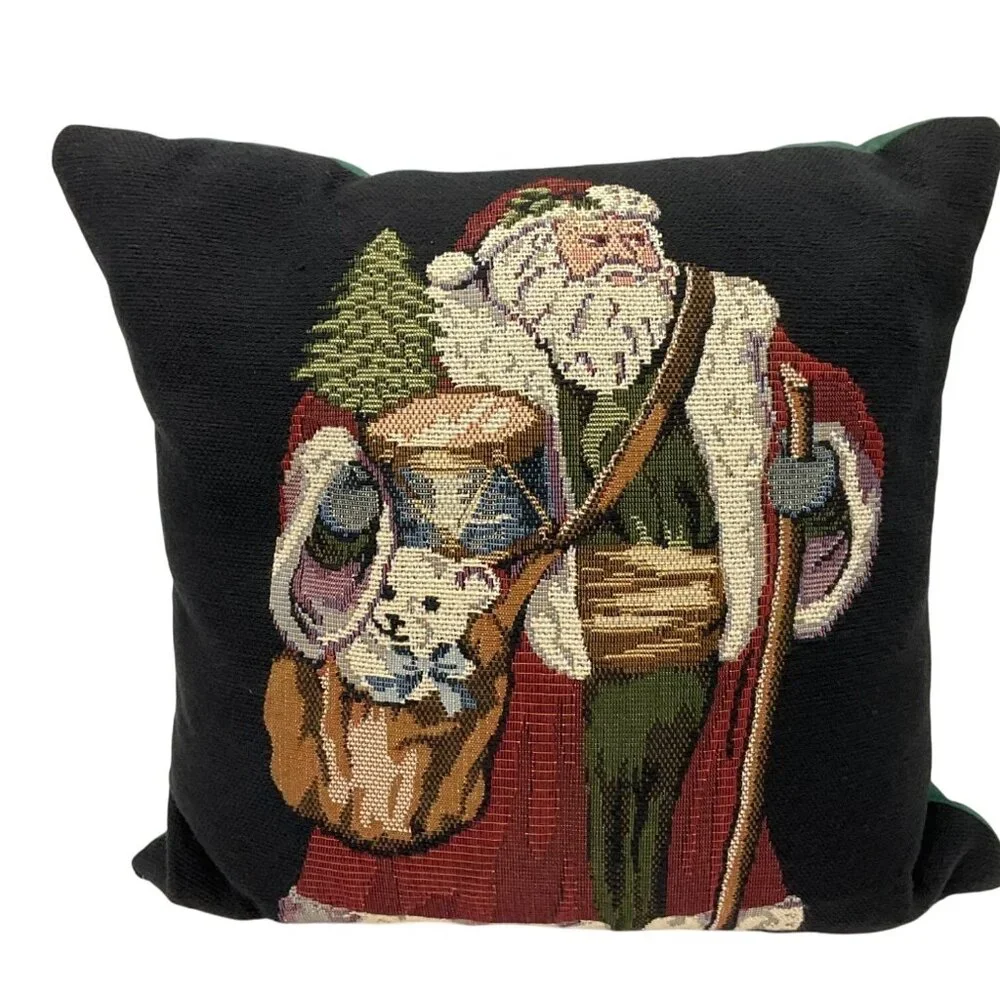 Vintage Christmas Santa Claus Black Tapestry Needlepoint Throw Pillow Green Back